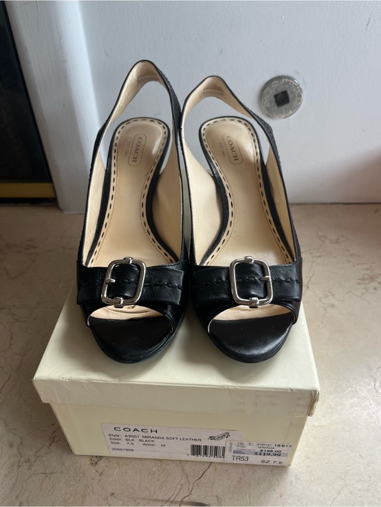 Coach Shoes - COACH Black Leather Peep-Toe Slingback Heels with Buckle
